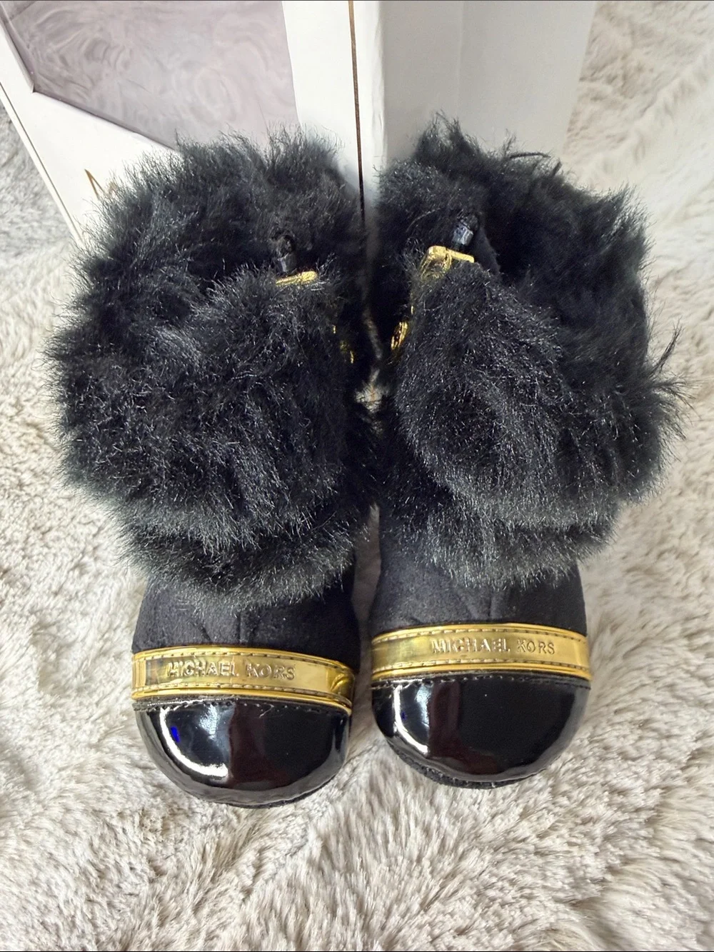 Michael Kors Black Faux Fur Baby Booties with Gold MK Accents